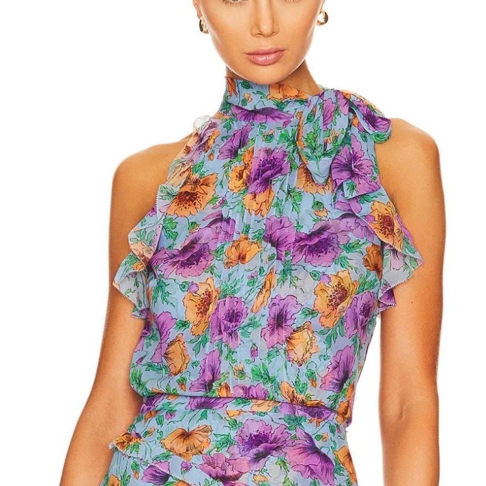 Veronica Beard Dalia Blue Floral Silk Whimsical Feminine Halter Ruffle Size 2